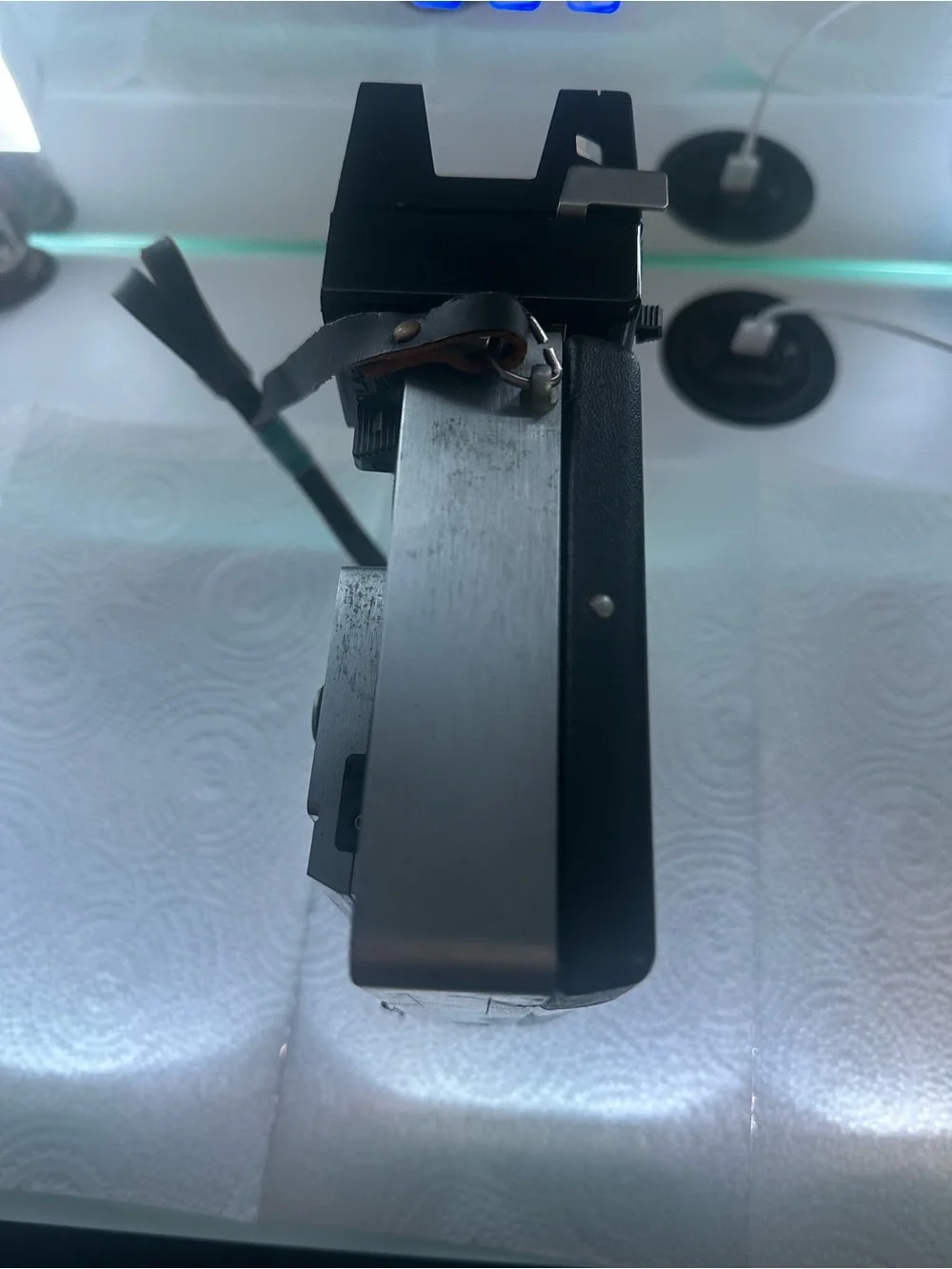 Polaroid 450 Land Camera in Black and Silver with Brown Strap